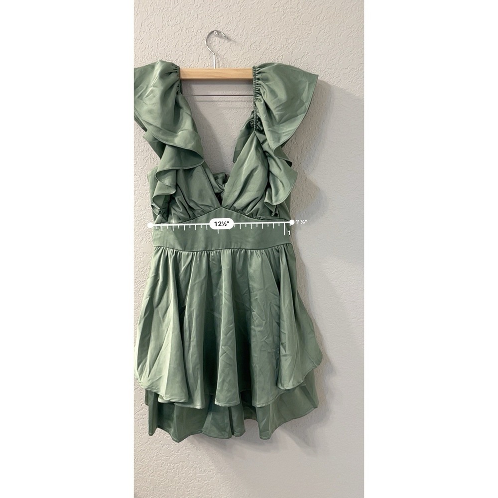 Green Satin Ruffle Romper Mini dress size M - Picture 6 of 6